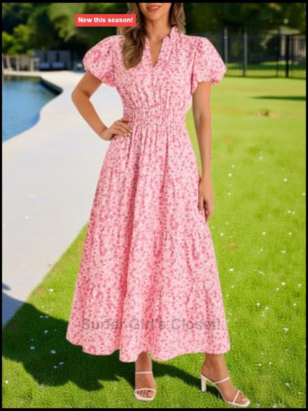 Women's V-Neck Floral Maxi Dress Short Puff Sleeve Smocked Boho Beach Dress - Picture 3 of 7
